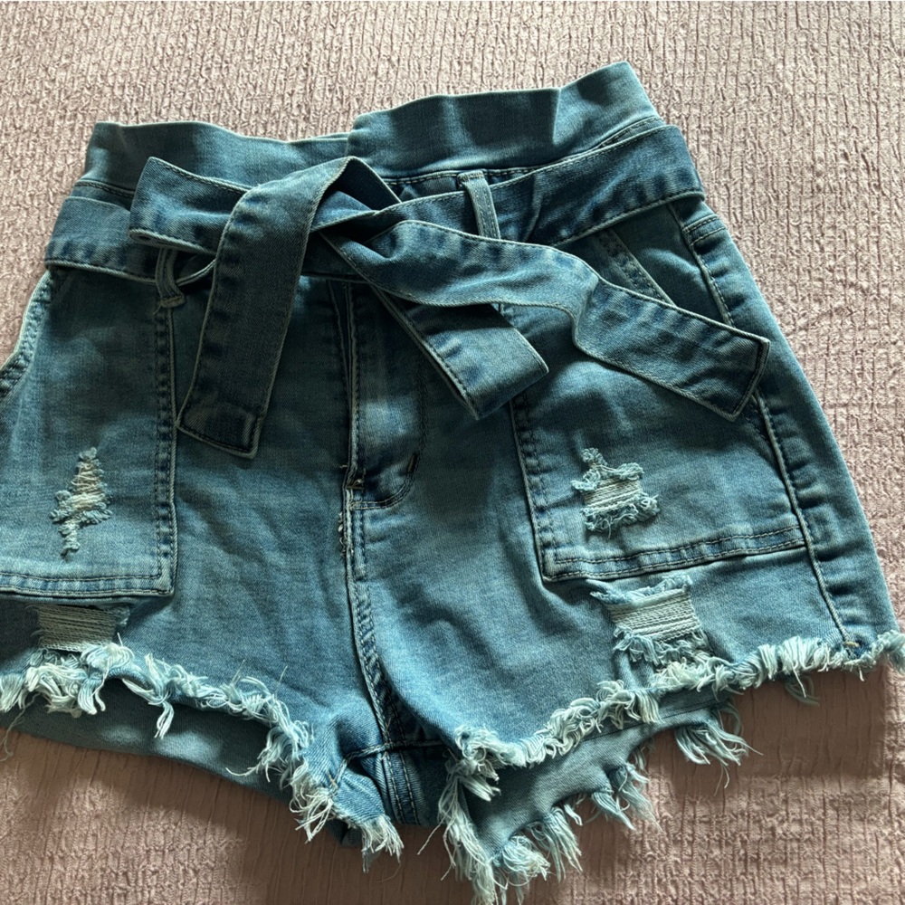 Refuge High Waist Distressed Denim Shorts - Blue